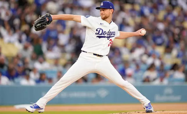 Los Angeles Dodgers pitcher Eric Lauer throws to the plate during the first inning of a baseball game against the Colorado Rockies, Tuesday, May 26, 2026, in Los Angeles. (AP Photo/Mark J. Terrill)