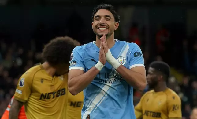 Manchester City's Omar Marmoush reacts during the English Premier League soccer match between Manchester City and Crystal Palace in Manchester, England, Wednesday, May 13, 2026. (AP Photo/Ian Hodgson)