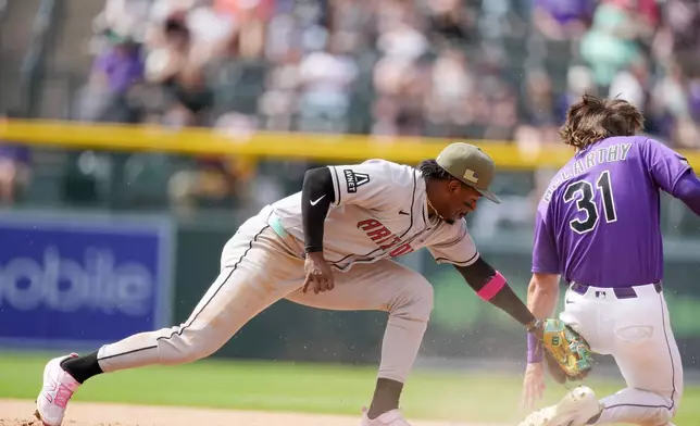 Arizona Diamondbacks shortstop Geraldo Perdomo, left, applies the late tag as Colorado Rockies' Jake McCarthy safely steals second base in the seventh inning of a baseball game Saturday, May 16, 2026, in Denver. (AP Photo/David Zalubowski)