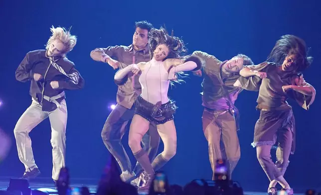 Dara from Bulgaria performs the song "Bangaranga" during the Grand Final of the 70th Eurovision Song Contest in Vienna, Austria, Saturday, May 16, 2026. (AP Photo/Martin Meissner)