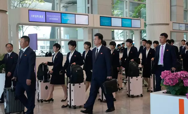North Korean soccer club Naegohyang Women's FC team arrives for the semifinals of the AFC Women's Champions League at Incheon International Airpot in Incheon, South Korea Sunday, May 17, 2026. (AP Photo/Ahn Young-joon)