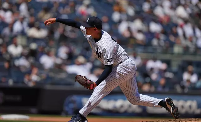 New York Yankees' Brendan Beck pitches during the third inning of a baseball game against the Texas Rangers Thursday, May 7, 2026, in New York. (AP Photo/Frank Franklin II)