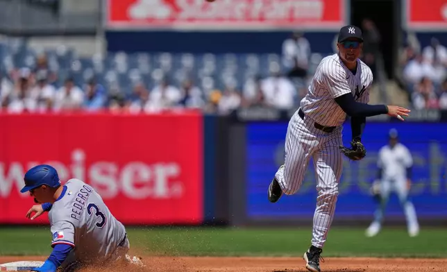 New York Yankees' Max Schuemann, right, throws to first base after forcing out Texas Rangers' Joc Pederson, left, during the third inning of a baseball game Thursday, May 7, 2026, in New York. (AP Photo/Frank Franklin II)