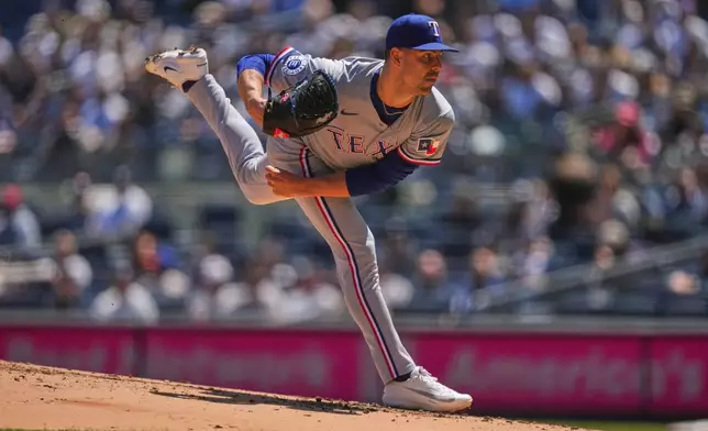 Texas Rangers' MacKenzie Gore pitches during the first inning of a baseball game against the New York Yankees Thursday, May 7, 2026, in New York. (AP Photo/Frank Franklin II)