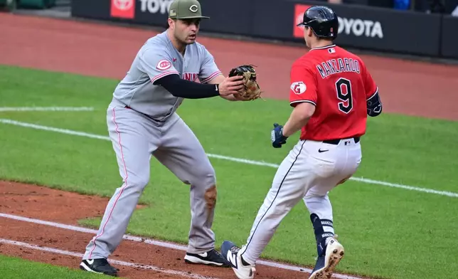 Cincinnati Reds first baseman Sal Stewart prepares to tag out Cleveland Guardians' Kyle Manzardo during the sixth inning of a baseball game, Saturday, May 16, 2026, in Cleveland. (AP Photo/David Dermer)