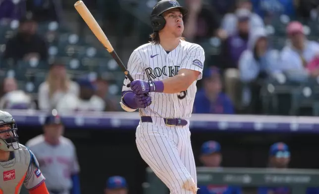 Colorado Rockies' Jake McCarthy follows the flight of his grand slam off New York Mets relief pitcher Craig Kimbrel in the eighth inning of a baseball game, Thursday, May 7, 2026, in Denver. (AP Photo/David Zalubowski)