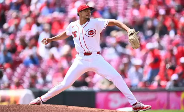 Cincinnati Reds pitcher Chase Burns throws during the first inning of a baseball game against the Washington Nationals in Cincinnati, Thursday, May 14, 2026. (AP Photo/Ben Jackson)
