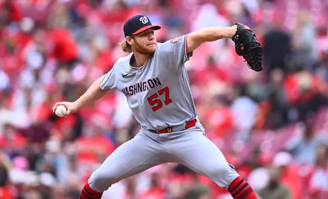 Washington Nationals pitcher Zak Kent throws during the fifth inning of a baseball game against the Cincinnati Reds in Cincinnati, Thursday, May 14, 2026. (AP Photo/Ben Jackson)