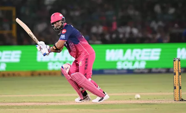 Rajasthan Royals' captain Riyan Parag plays a shot during the Indian Premier League cricket match between Delhi Capitals and Rajasthan Royals in Jaipur, India, Friday,May, 1, 2026. (AP Photo)