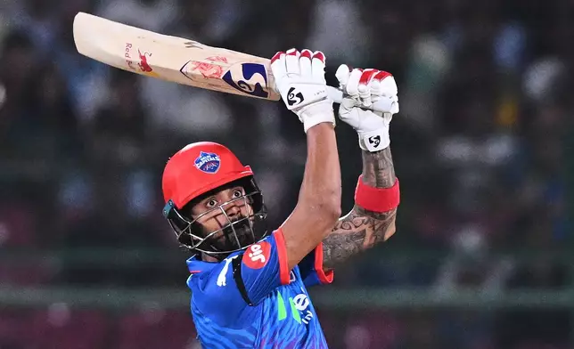 Delhi Capitals' KL Rahul plays a shot during the Indian Premier League cricket match between Delhi Capitals and Rajasthan Royals in Jaipur, India, Friday,May, 1, 2026. (AP Photo)