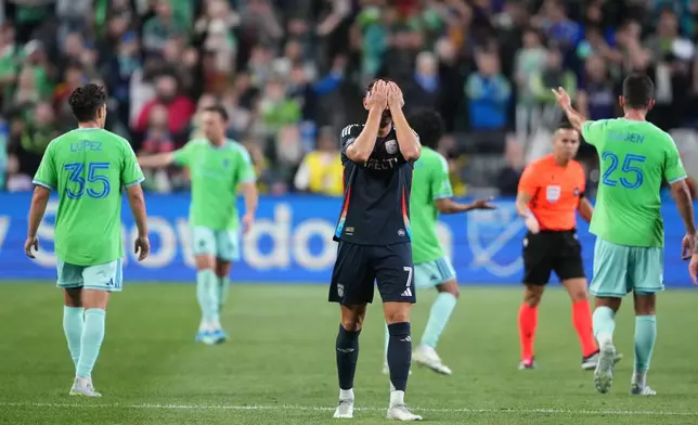 San Diego FC forward Marcus Ingvartsen reacts as an MLS soccer match ends in a draw against the Seattle Sounders, Saturday, May 9, 2026, in Seattle. (AP Photo/Lindsey Wasson)
