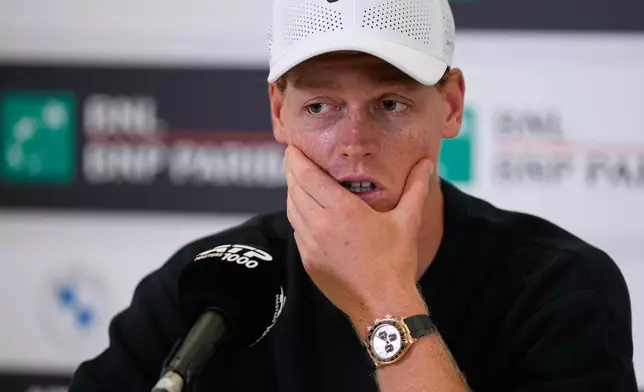 Jannik Sinner, of Italy, listens to a reporters' question during a press conference at the Italian Open at the Foro Italico in Rome, Thursday, May 7, 2026. (AP Photo/Alessandra Tarantino)