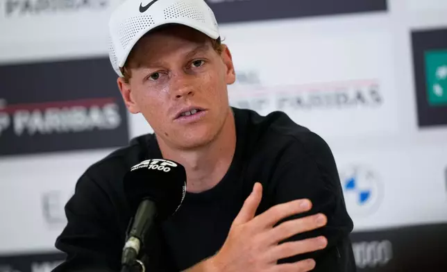 Jannik Sinner, of Italy, answers a reporters' question during a press conference at the Italian Open at the Foro Italico in Rome, Thursday, May 7, 2026. (AP Photo/Alessandra Tarantino)