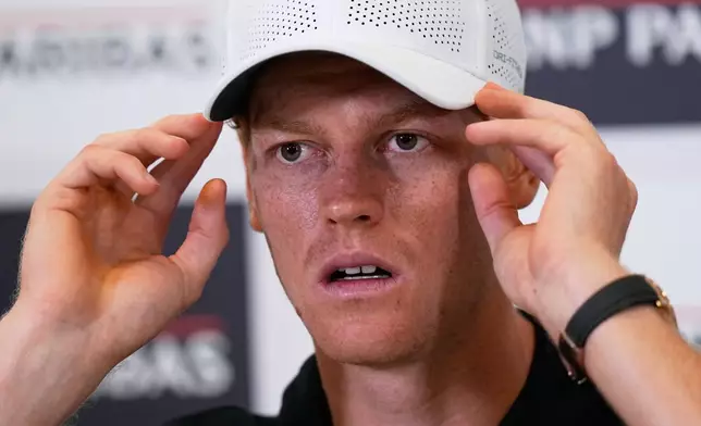 Jannik Sinner, of Italy, listens reporters' question during a press conference during the Italian Open at the Foro Italico in Rome, Thursday, May 7, 2026. (AP Photo/Alessandra Tarantino)