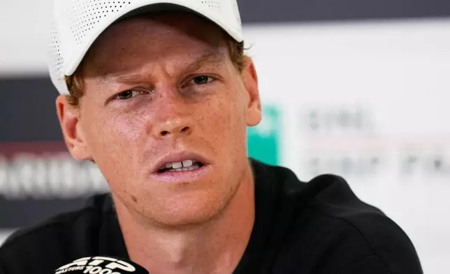 Jannik Sinner, of Italy, listens to a reporters' question during a press conference during the Italian Open at the Foro Italico in Rome, Thursday, May 7, 2026. (AP Photo/Alessandra Tarantino)