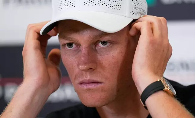 Jannik Sinner, of Italy, listens to a reporters' question during a press conference at the Italian Open at the Foro Italico in Rome, Thursday, May 7, 2026. (AP Photo/Alessandra Tarantino)