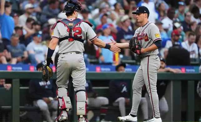 Atlanta Braves catcher Sean Murphy (12) greets starting pitcher JR Ritchie after the fourth inning of a baseball game against the Seattle Mariners, Monday, May 4, 2026, in Seattle. (AP Photo/Lindsey Wasson)