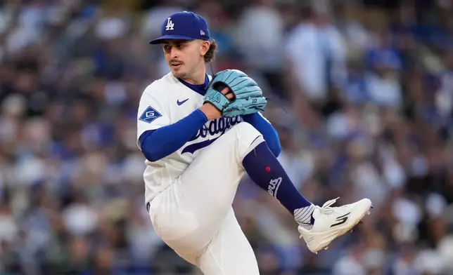 Los Angeles Dodgers pitcher Justin Wrobleski throws to the plate during the first inning of a baseball game against the Philadelphia Phillies, Friday, May 29, 2026, in Los Angeles. (AP Photo/Mark J. Terrill)