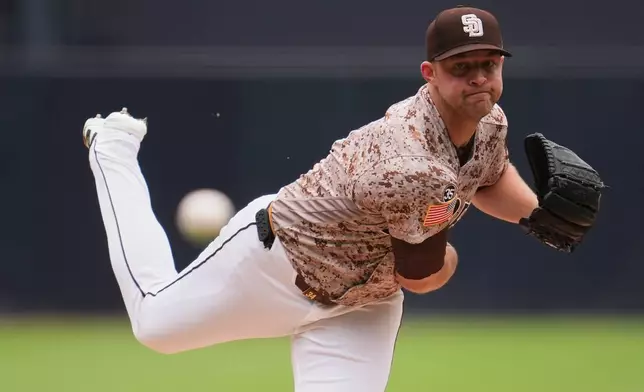 San Diego Padres starting pitcher Michael King works against an Athletics batter during the first inning of a baseball game Sunday, May 24, 2026, in San Diego. (AP Photo/Gregory Bull)