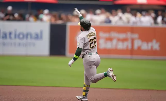 Athletics' Carlos Cortes celebrates after hitting a home run during the first inning of a baseball game against the San Diego Padres Sunday, May 24, 2026, in San Diego. (AP Photo/Gregory Bull)