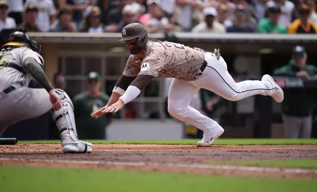 San Diego Padres' Ty France, right, slides into home before being tagged out by Athletics catcher Jonah Heim, let, as France was trying to score from first off a double by Fernando Tatis Jr. during the fifth inning of a baseball game Sunday, May 24, 2026, in San Diego. (AP Photo/Gregory Bull)