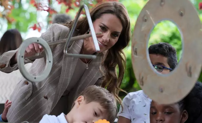 Britain's Kate, Princess of Wales visits the Salvador Allende preschool to observe how nature-based learning is embedded within the Reggio Emilia approach, part of a two-day trip, in Reggio Emilia, Italy, Thursday, May 14, 2026. (AP Photo/Antonio Calanni, Pool)