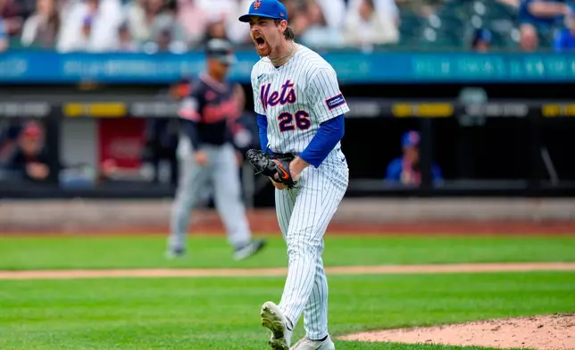 New York Mets starting pitcher Nolan McLean (26) reacts during the seventh inning of a baseball game against the Detroit Tigers, Thursday, May 14, 2026, in New York. (AP Photo/Yuki Iwamura)