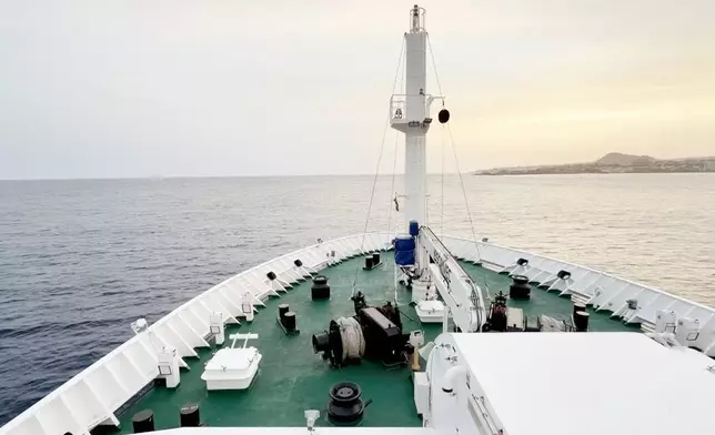 The Dutch-flagged MV Hondius, a cruise ship carrying nearly 150 people remains off Cape Verde on Monday, May 4, 2026 after three passengers died and several others fell seriously ill in a suspected hantavirus outbreak. (Qasem Elhato via AP)