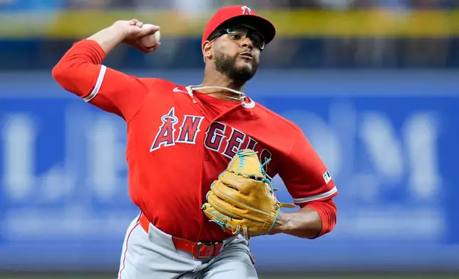 Los Angeles Angels pitcher Walbert Ureña delivers to the Tampa Bay Rays during the first inning of a baseball game Friday, May 29, 2026, in St. Petersburg, Fla. (AP Photo/Chris O'Meara)
