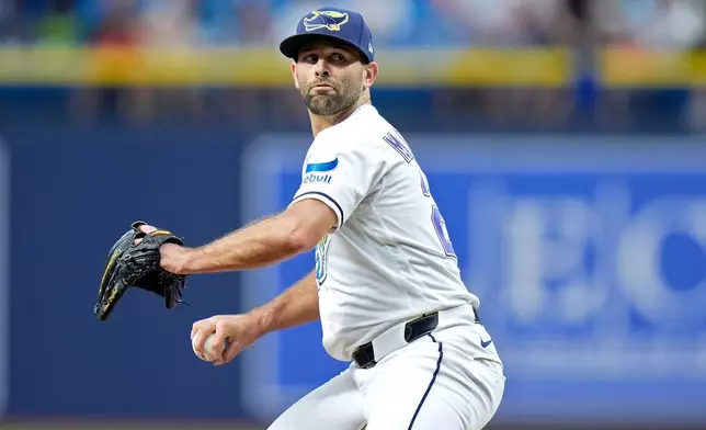 Tampa Bay Rays pitcher Nick Martinez goes into his delivery against the Los Angeles Angels during the first inning of a baseball game Friday, May 29, 2026, in St. Petersburg, Fla. (AP Photo/Chris O'Meara)