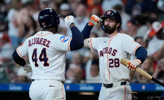 Houston Astros designated hitter Yordan Alvarez (44) celebrates with Braden Shewmake (28) after hitting a solo home run during the first inning of a baseball game against the Texas Rangers, Saturday, May 16, 2026, in Houston. (AP Photo/Kevin M. Cox)