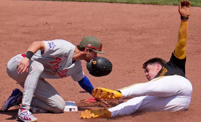 Pittsburgh Pirates' Konnor Griffin, right, is tagged out on a steal-attempt of second base by Philadelphia Phillies shortstop Trea Turner, left, during the fifth inning of a baseball game in Pittsburgh, Sunday, May 17, 2026. (AP Photo/Gene J. Puskar)