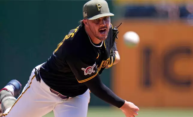 Pittsburgh Pirates pitcher Paul Skenes delivers during the first inning of a baseball game against the Philadelphia Phillies in Pittsburgh, Sunday, May 17, 2026. (AP Photo/Gene J. Puskar)