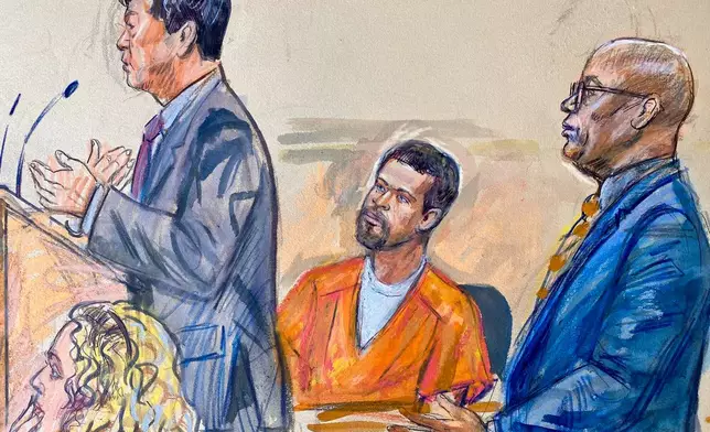 This courtroom sketch depicts Cole Tomas Allen, center, listening as his attorney Eugene Ohm, left, speaks to U.S. Magistrate Judge Zia Faruqui, Monday, May 4, 2026, in Washington, as Tony Towns, the acting general counsel for the District of Columbia Department of Corrections, listens at right. (Dana Verkouteren via AP)