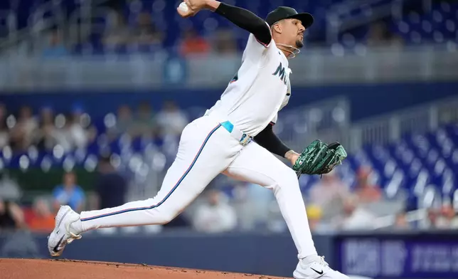 Miami Marlins starting pitcher Eury Perez pitches during the first inning of a baseball game against the Baltimore Orioles, Wednesday, May 6, 2026, in Miami. (AP Photo/Rebecca Blackwell)