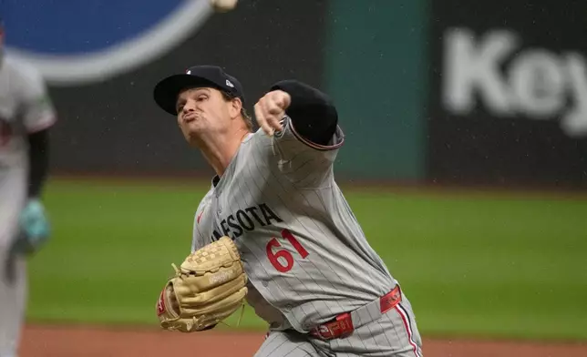 Minnesota Twins starting pitcher Connor Prelipp delivers against the Cleveland Guardians during the first inning of a baseball game, Friday, May 8, 2026, in Cleveland. (AP Photo/Phil Long)