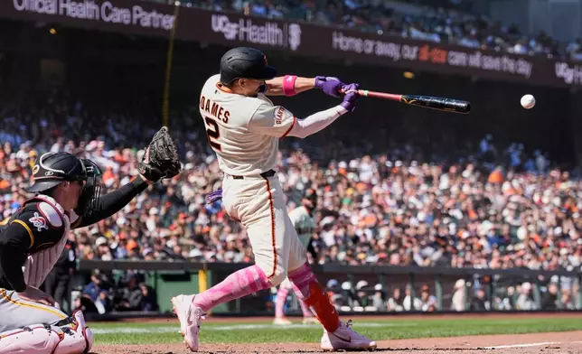 San Francisco Giants' Willy Adames hits a two-run single during the 10th inning of a baseball game against the Pittsburgh Pirates, Sunday, May 10, 2026, in San Francisco. (AP Photo/Godofredo A. Vásquez)