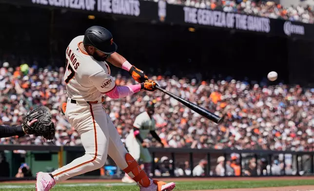 San Francisco Giants' Heliot Ramos hits an RBI double during the sixth inning of a baseball game against the Pittsburgh Pirates, Sunday, May 10, 2026, in San Francisco. (AP Photo/Godofredo A. Vásquez)
