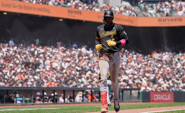 Pittsburgh Pirates' Oneil Cruz runs the bases after hitting a solo home run during the fifth inning of a baseball game against the San Francisco Giants, Sunday, May 10, 2026, in San Francisco. (AP Photo/Godofredo A. Vásquez)