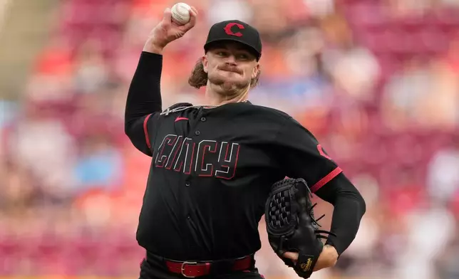 Cincinnati Reds pitcher Chris Paddack throws during the first inning of a baseball game against the Atlanta Braves in Cincinnati, Friday, May 29, 2026. (AP Photo/Carolyn Kaster)