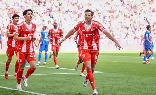Bayern's Leon Goretzka celebrates scoring their side's second goal of the game during a German Bundesliga soccer match between Bayern Munich and 1. FC Heidenheim in Munich, Germany, Saturday, May 2, 2026. (Harry Langer/dpa via AP)