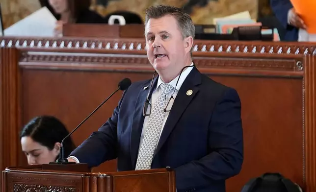 Louisiana Rep. Gerald Beaullieu, IV, R-Dist 48, speaks prior to a Louisiana House vote on a redistricting plan to eliminate a majority-Black congressional district in response to a U.S. Supreme Court ruling, in Baton Rouge, La., Thursday, May 21, 2026. (AP Photo/Gerald Herbert)