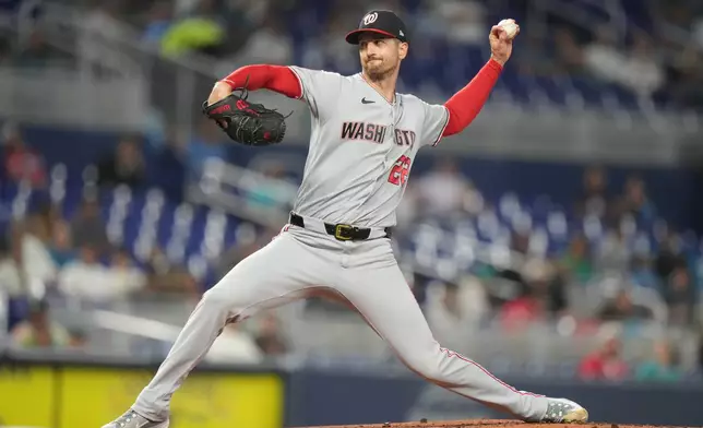 Washington Nationals starting pitcher Foster Griffin (22) throws during the first inning of a baseball game against the Miami Marlins, Friday, May 8, 2026, in Miami. (AP Photo/Lynne Sladky)