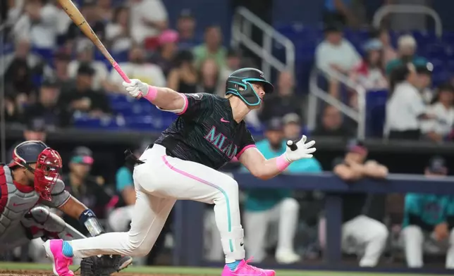 Miami Marlins' Kyle Stowers strikes out swinging during the third inning of a baseball game against the Washington Nationals, Friday, May 8, 2026, in Miami. (AP Photo/Lynne Sladky)