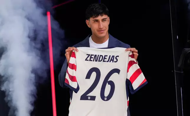Forward Alex Zendejas of the United States men's national soccer team is presented during the announcement of the team roster on Tuesday, May 26, 2026, in New York City, ahead of the 2026 FIFA World Cup. (AP Photo/Eduardo Munoz Alvarez)