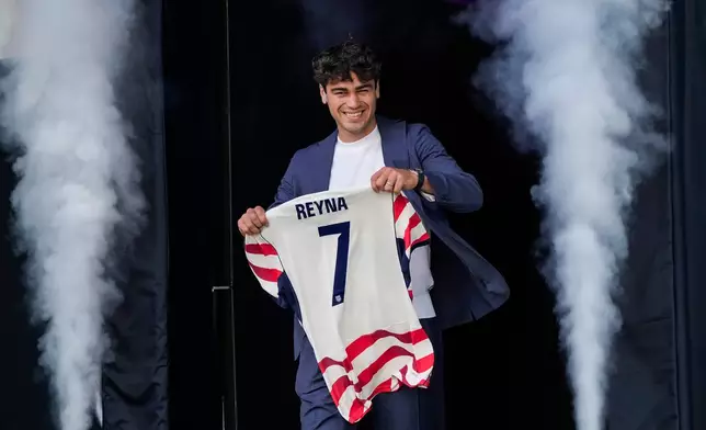 Midfielder Giovanni Reyna of the United States men's national soccer team is presented during the announcement of the team roster on Tuesday, May 26, 2026, in New York City, ahead of the 2026 FIFA World Cup. (AP Photo/Eduardo Munoz Alvarez)