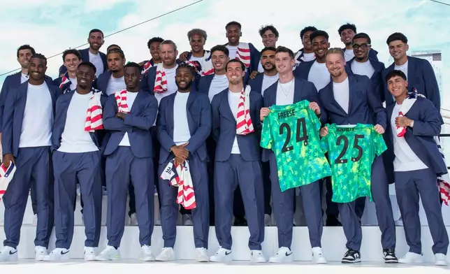 United States men's national soccer team pose after announcement of the team's roster, Tuesday, May 26, 2026, in New York, ahead of the FIFA World Cup soccer tournament. (AP Photo/Eduardo Munoz Alvarez)