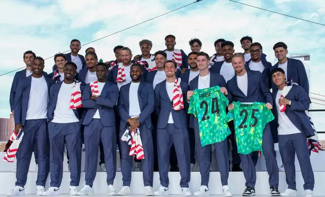United States men's national soccer team pose after announcement of the team's roster, Tuesday, May 26, 2026, in New York, ahead of the FIFA World Cup soccer tournament. (AP Photo/Eduardo Munoz Alvarez)