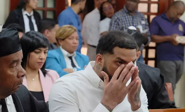 Tampa Bay Rays shortstop Wander Franco gestures in court during his trial on charges of sexually abusing a minor in Puerto Plata, Dominican Republic, Monday, May 25, 2026. (AP Photo/Ricardo Hernandez)