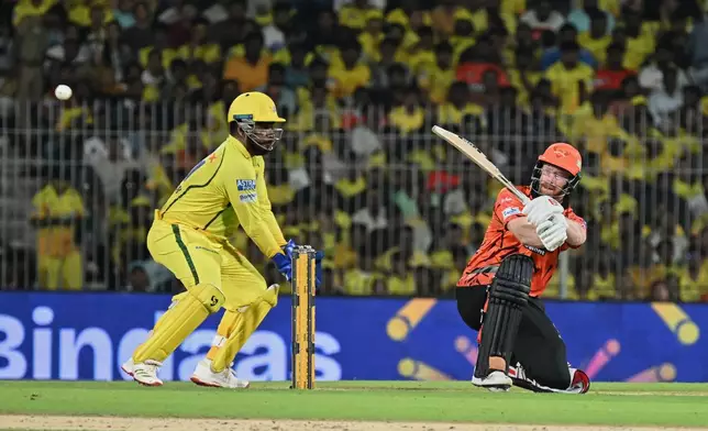 Sunrisers Hyderabad's Heinrich Klaasen plays a shot during the Indian Premier League cricket match between Chennai Super Kings' and Sunrisers Hyderabad in Chennai, India, Monday, May 18, 2026. (AP Photo)